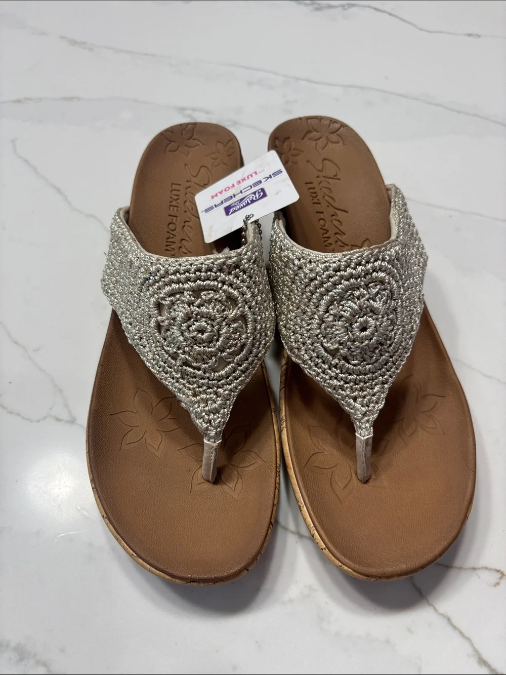 Skechers Silver Beaded Cork-Look Wedge Thong Sandals